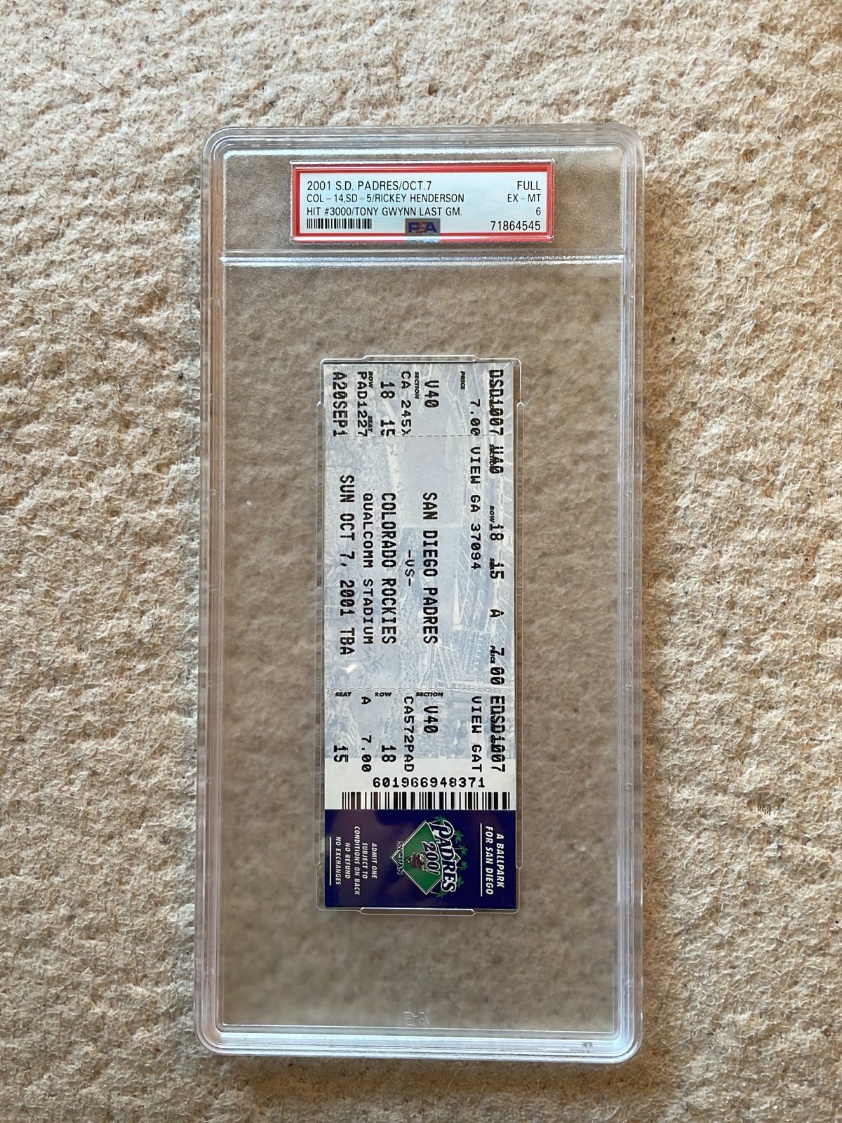 SD padres ticket. Rickey Henderson’s 3000th hit / tony Gwynn last game