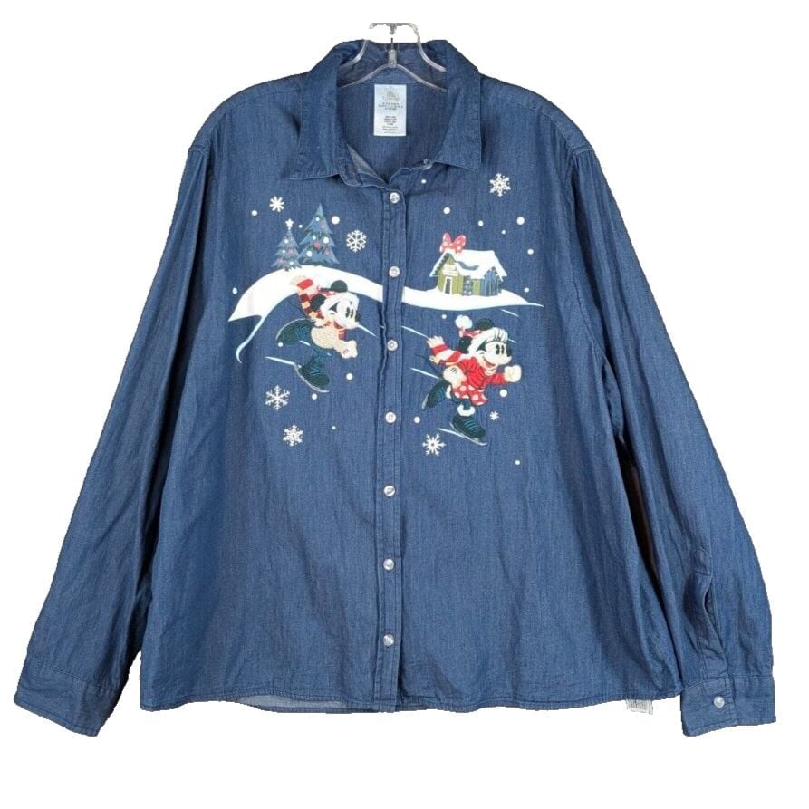 Disney Parks Winter Scene Denim Jean Button Long Sleeve Shirt Mickey Sz 1X 2021