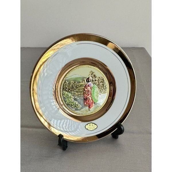 Vintage The Art of Chokin Black 6 Plate With Geisha Girl 24K Gold Edge Japan