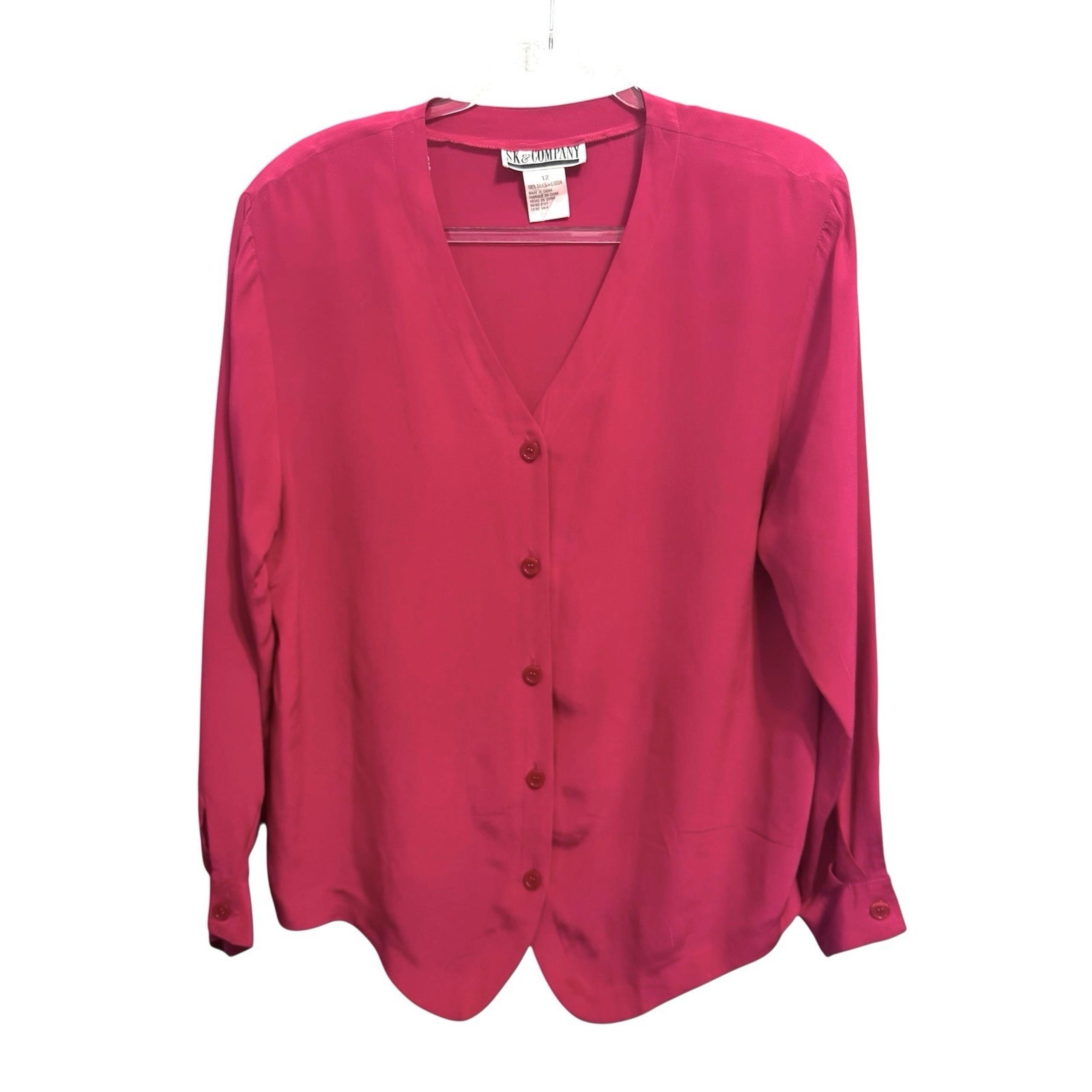 Vintage Women's 12 100% Silk Dark Pink V- Neck Blouse Long Sleeves Career Dressy
