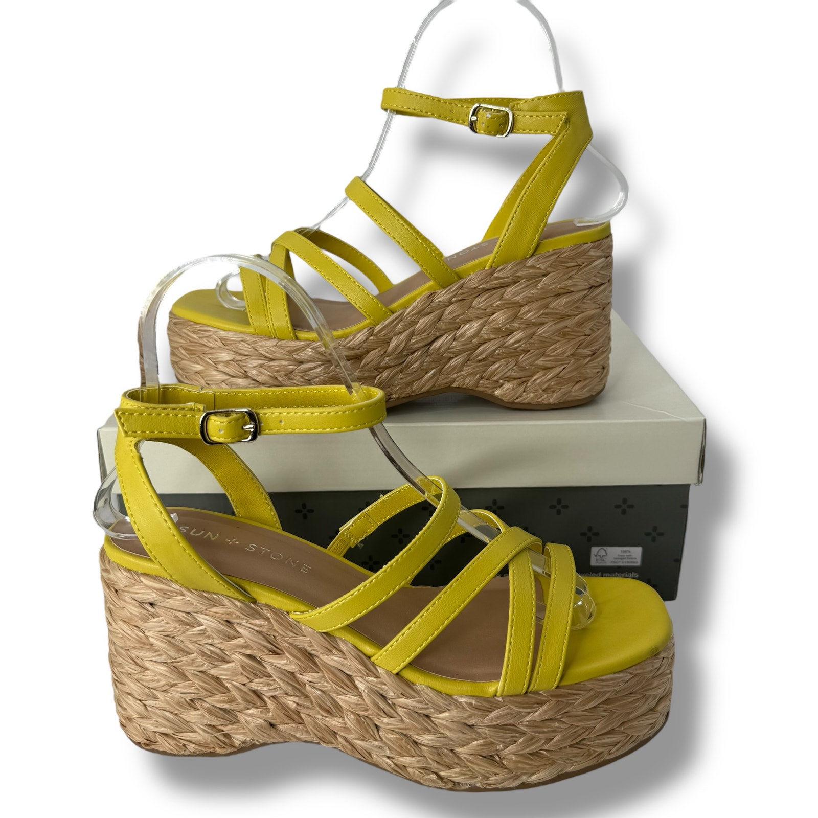 NEW Sun + Stone Yellow Strappy Boho Wedges Size 9.5 Citron Espadrille Platform