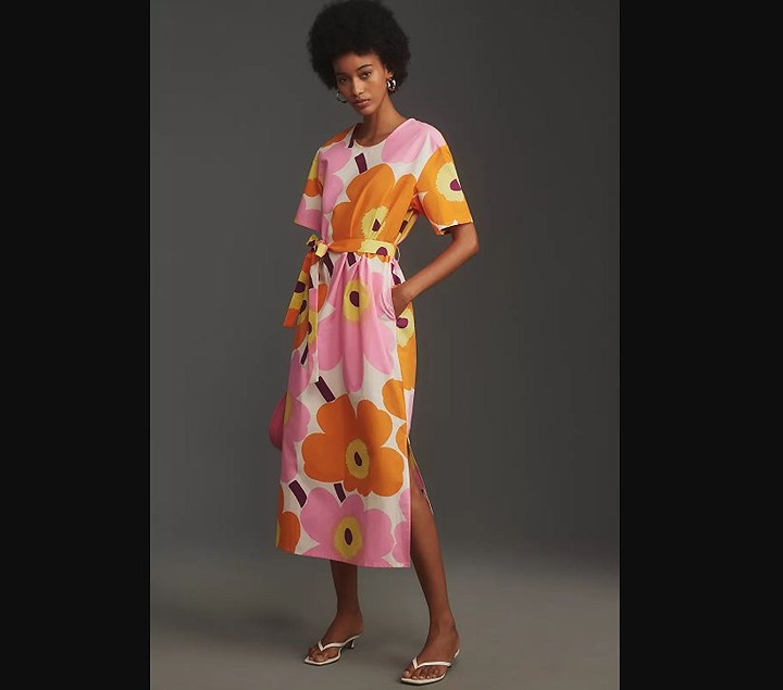 New women's 8 Marimekko x Anthropologie Kemut Unikko poplin belted midi dress