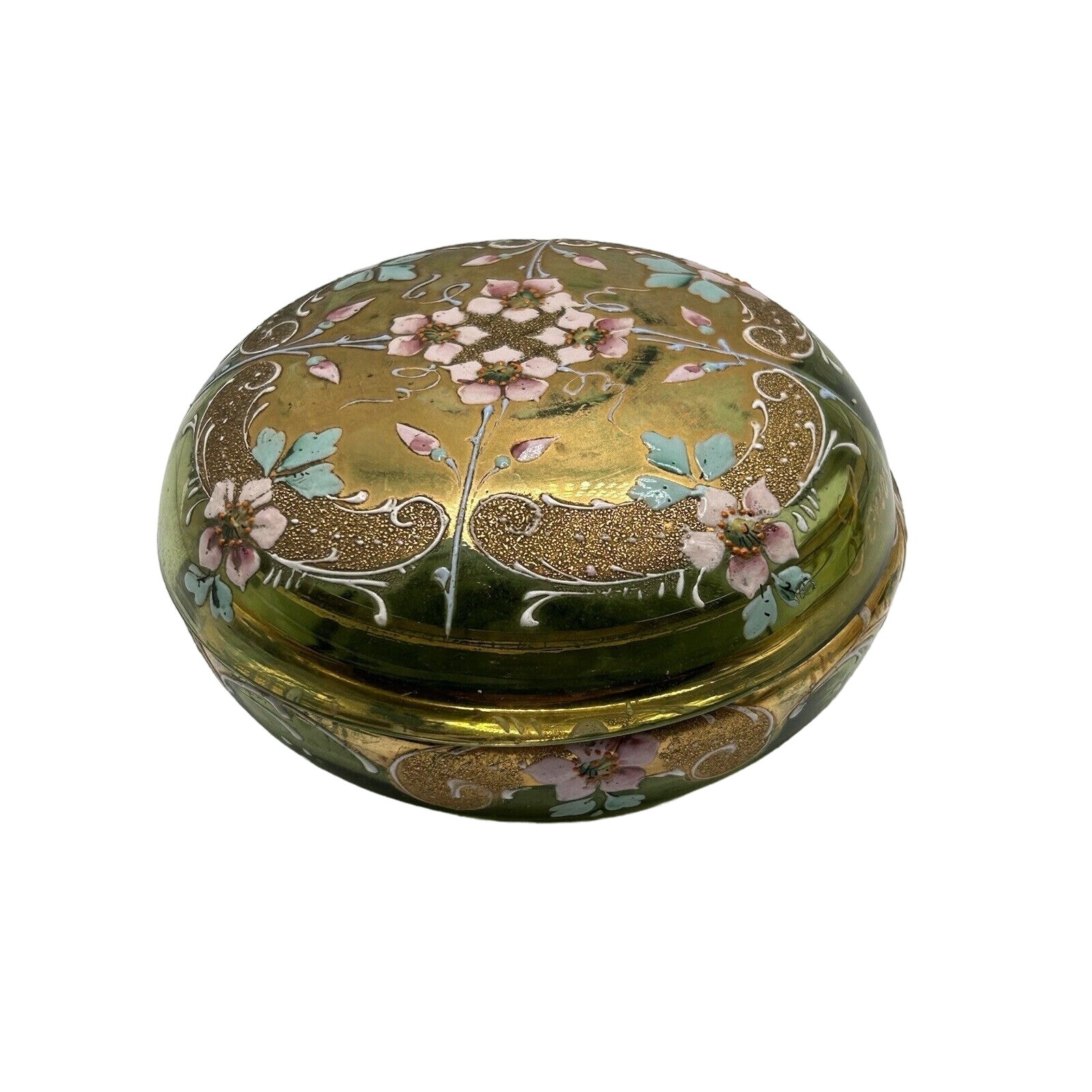 Vintage French Green Hand Painted Gold Rim Dresser Vanity Trinket Box Signed