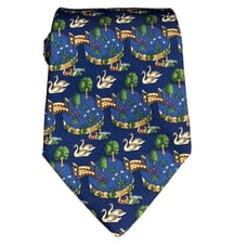 Salvatore Ferragamo Italian Italy blue swan pond bridge 100% silk tie