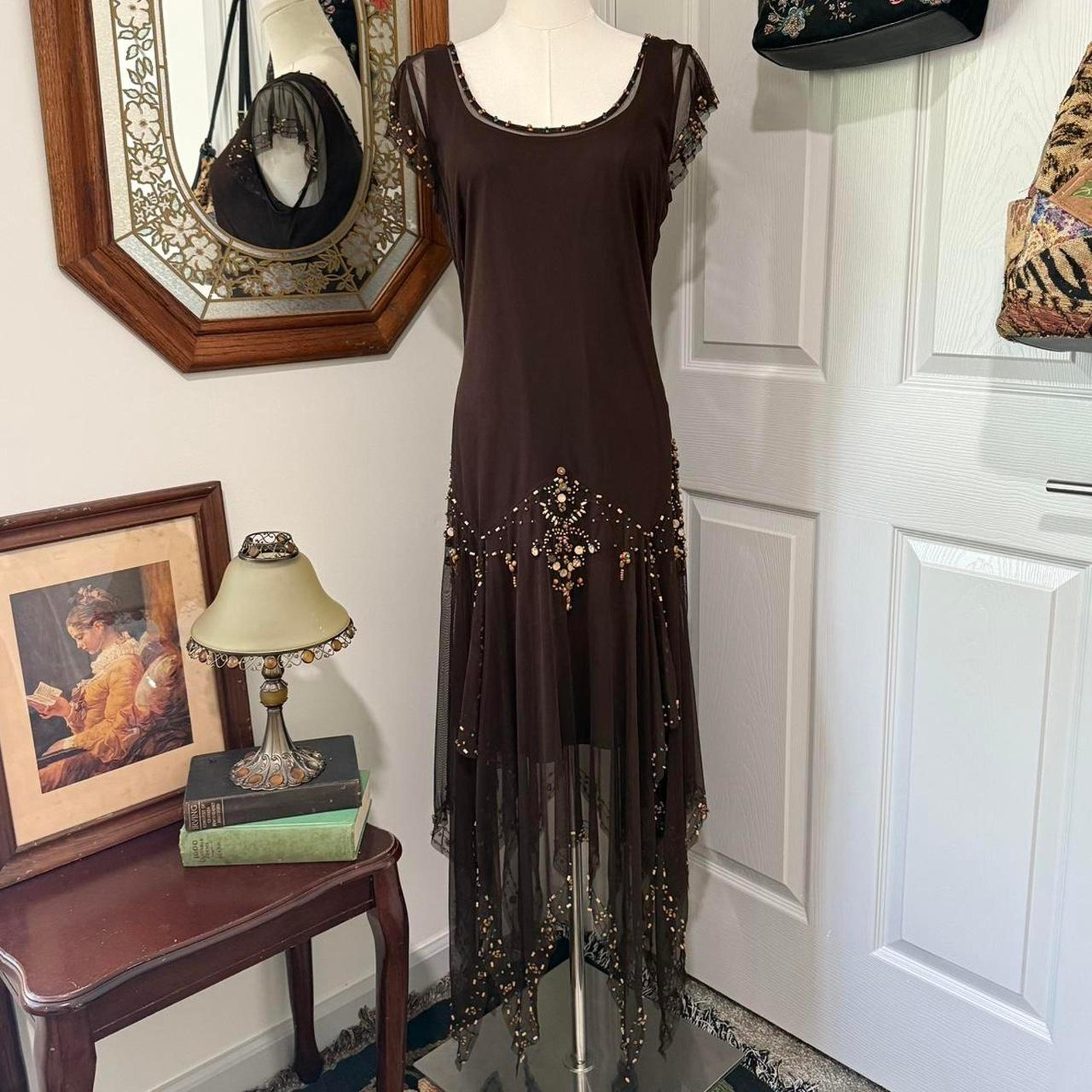NWT VTG Y2K MixIt Dark Brown & Turquoise Wooden Beaded Boho Fairy Midi Dress 10