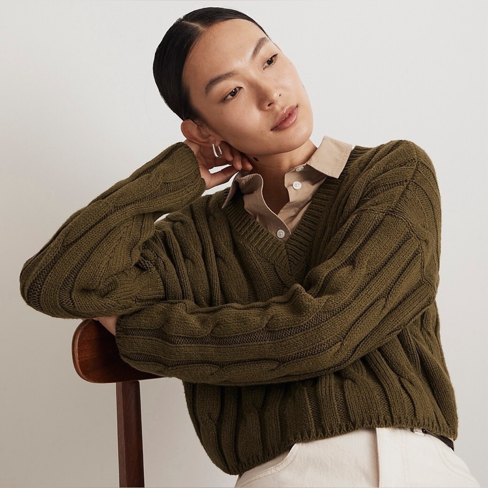 Madewell Cable-Knit V-Neck Crop Chunky Sweater in Loren Green Size Small 2023