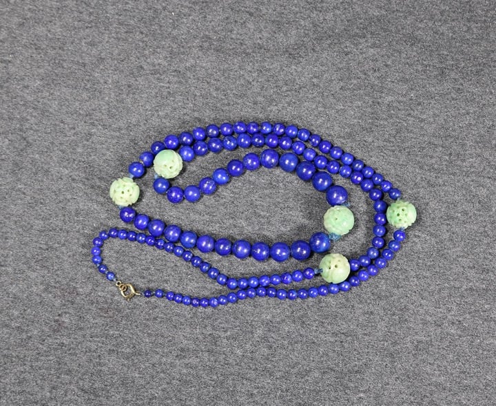 vintage long genuine green jade and lapis beaded necklace with 14K clasp