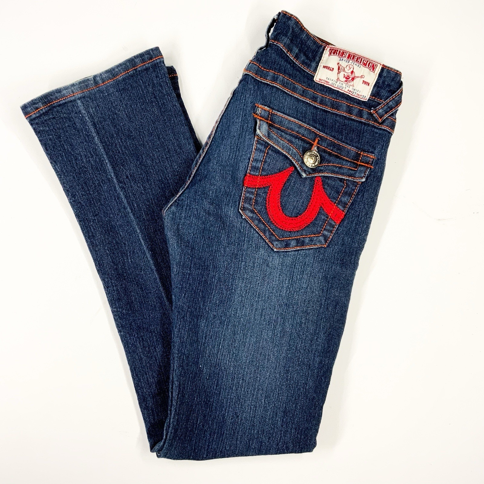 EUC! True Religion Women 27 Joey Super T Red Horseshoe Western Jeans Flap Pocket