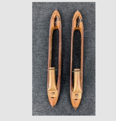 Antique Wood Loom Shuttle Metal Tip Brass Candle Holders Sconces Pair
