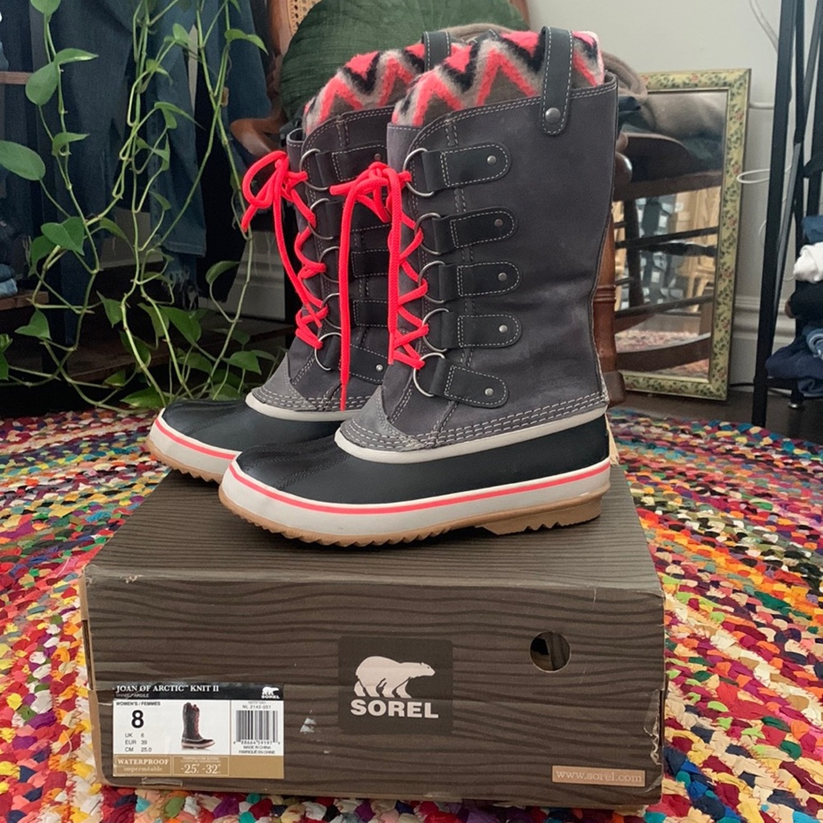 Women’s Sorel Joan of Arctic Knit Gray & Hot Pink Waterproof Snow Rain Boots - 8