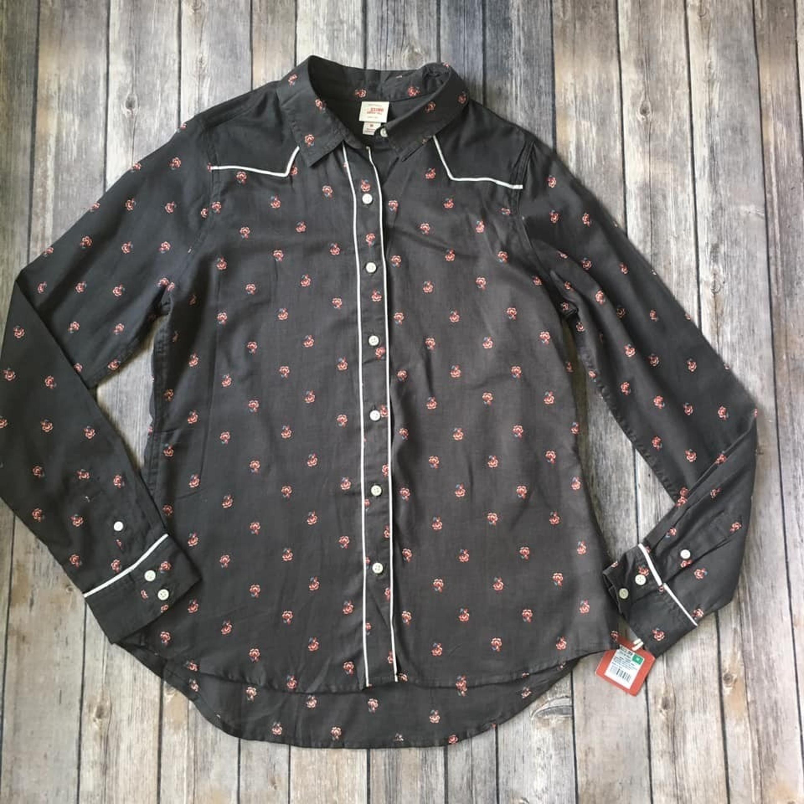 New Western Yoke Shirt Women Jr M Oxford Button Up Rose Floral Print Long Sleeve