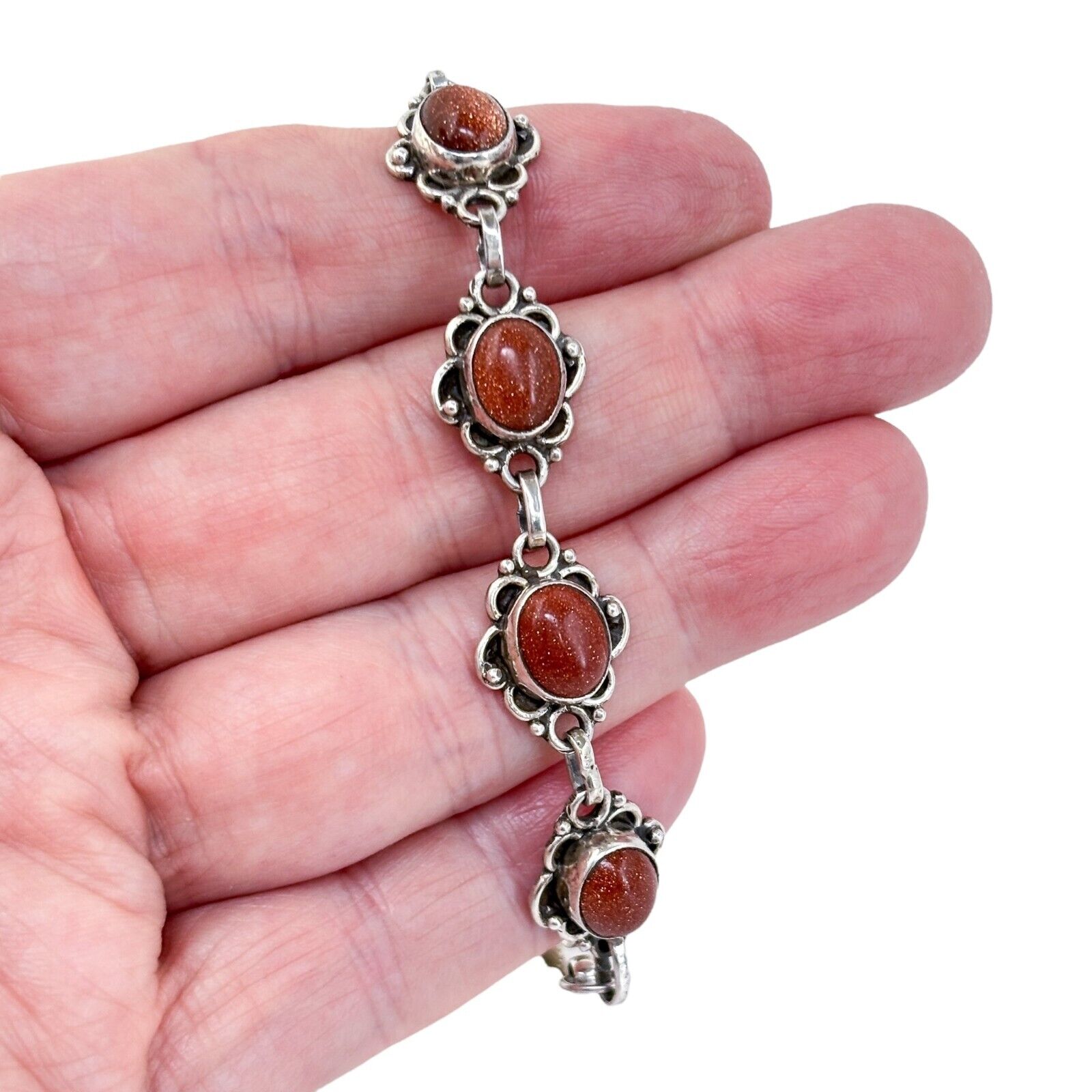 Vintage Sterling Silver 925 Sunstone Link Bracelet 7.5