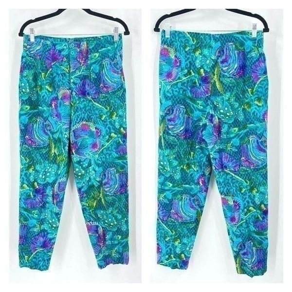 Vintage Windridge Womens Tropical Fish Print Pleated cropped Pants Medium Wacky