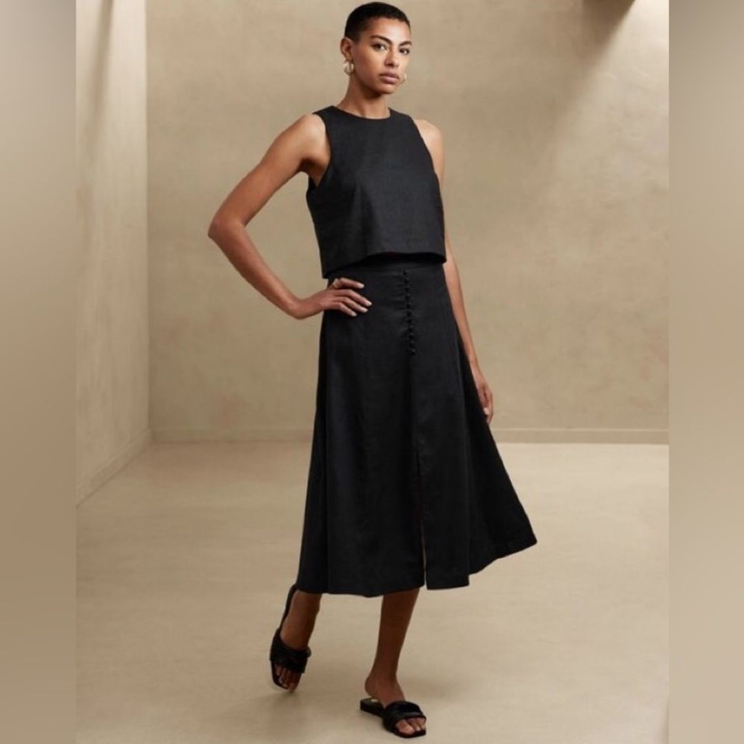 NWT! Banana Republic Black Linen-Blend Midi Skirt - Size 00 Petite