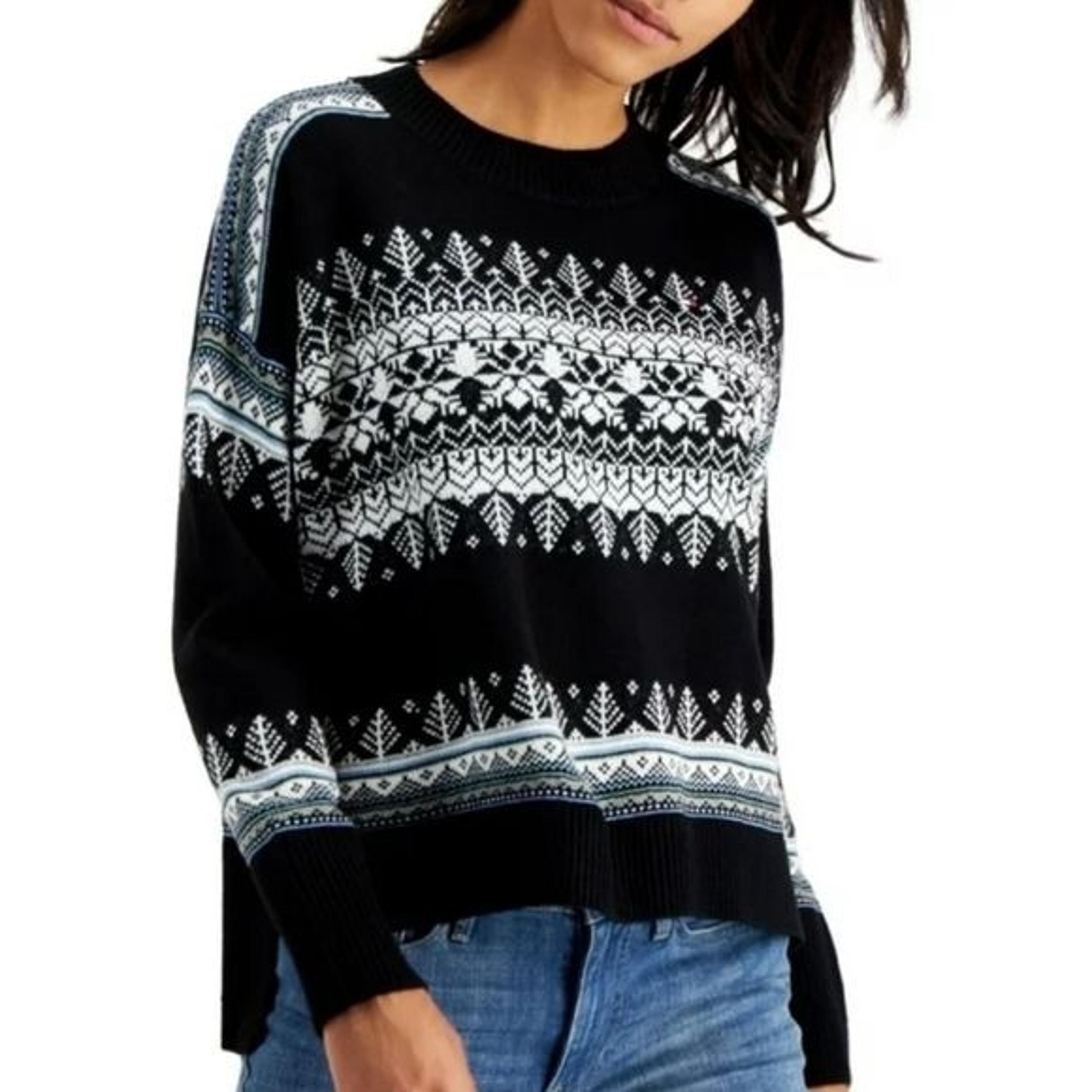 TOMMY HILFIGER black fair isle knit mock neck popover high-low winter sweater