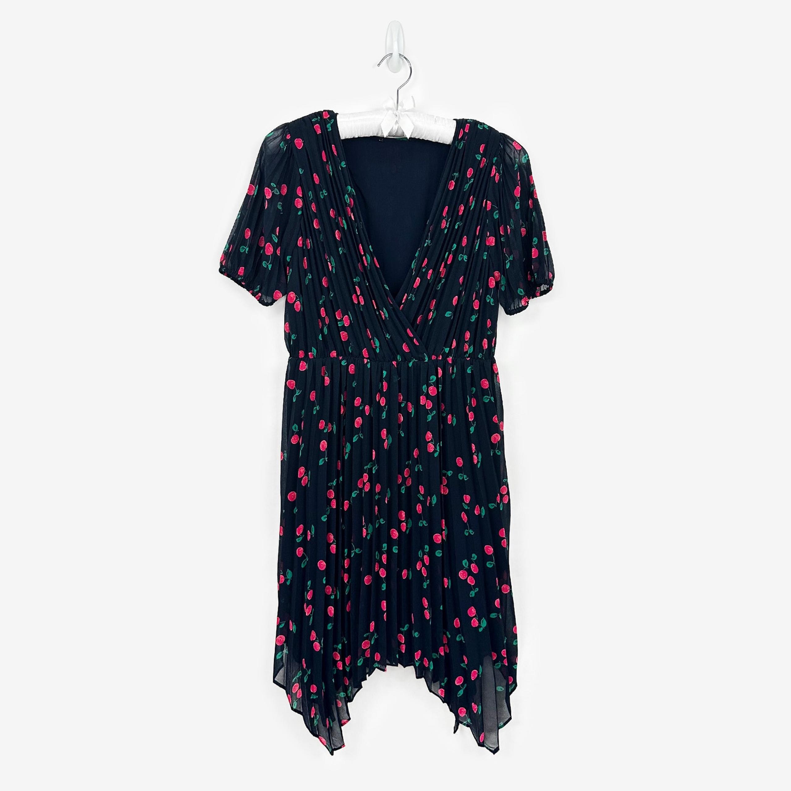 The Kooples Pleated Short Dress Large Dark Navy Blue Cherry Print Flowy Girlcore