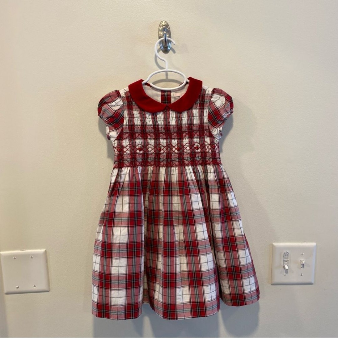 Janie and jack plaid smocked holiday dress Christmas 3 tulle buttons bow