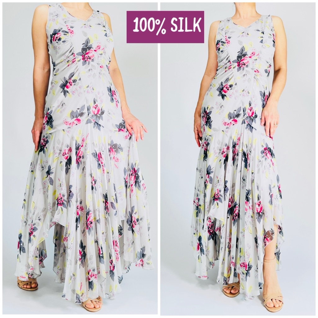 Women's Jones New York Floral Maxi Dress Size 10 Grey Yellow Pink Red RN54050