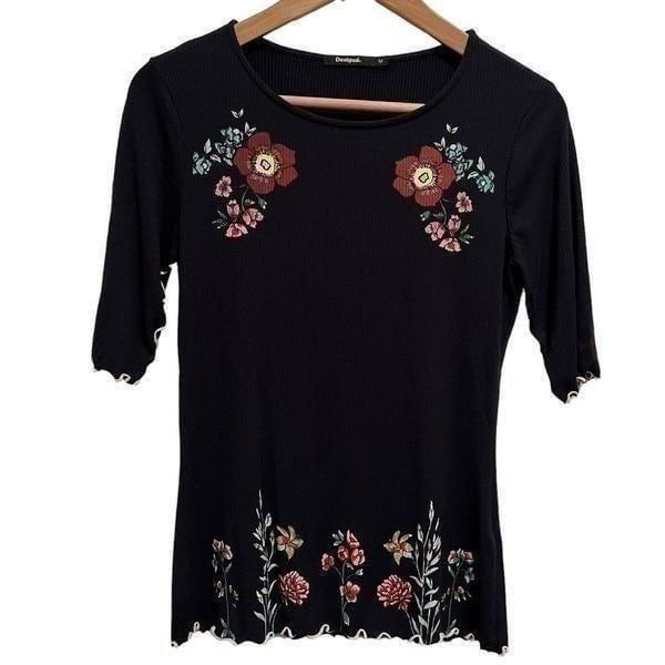 Desigual Navy Floral Print Lettuce Edge Short Sleeve Top size M