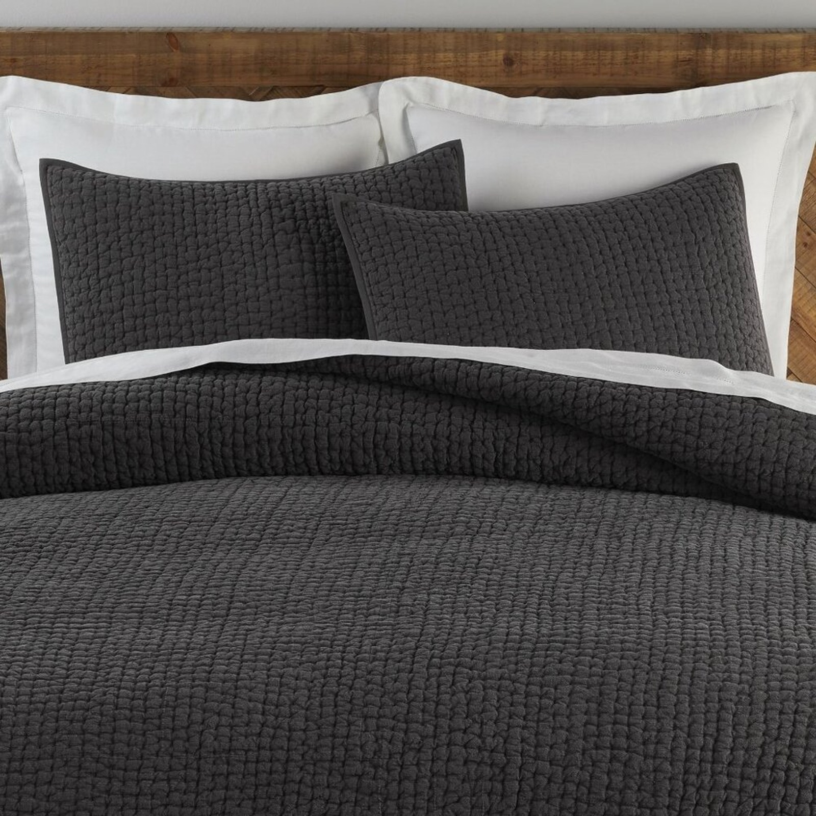 Pottery Barn Stone Washed Pickstitch Cotton Quilt Shale Dark Gray King / Cal NEW