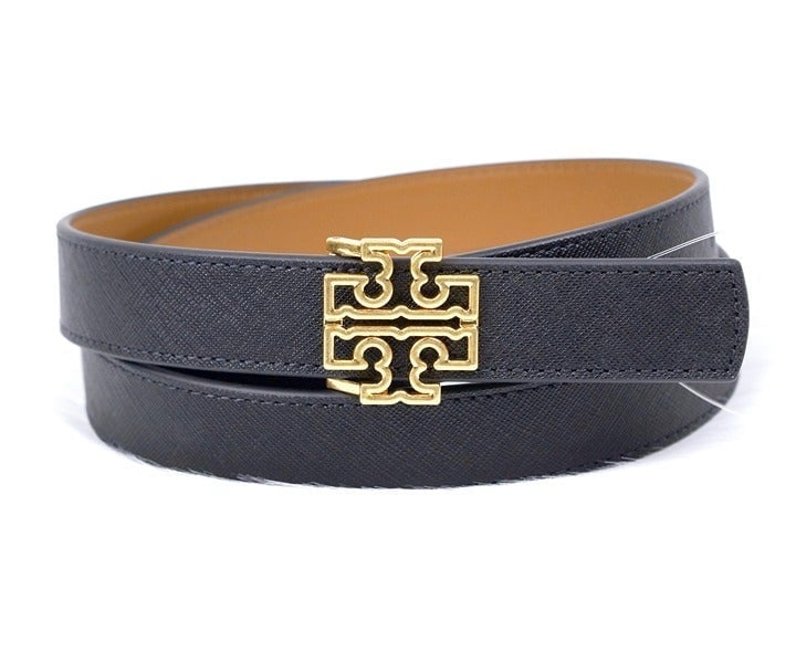 Tory Burch Britten reversible logo 1” belt size L 34 ~38 in black tan leather