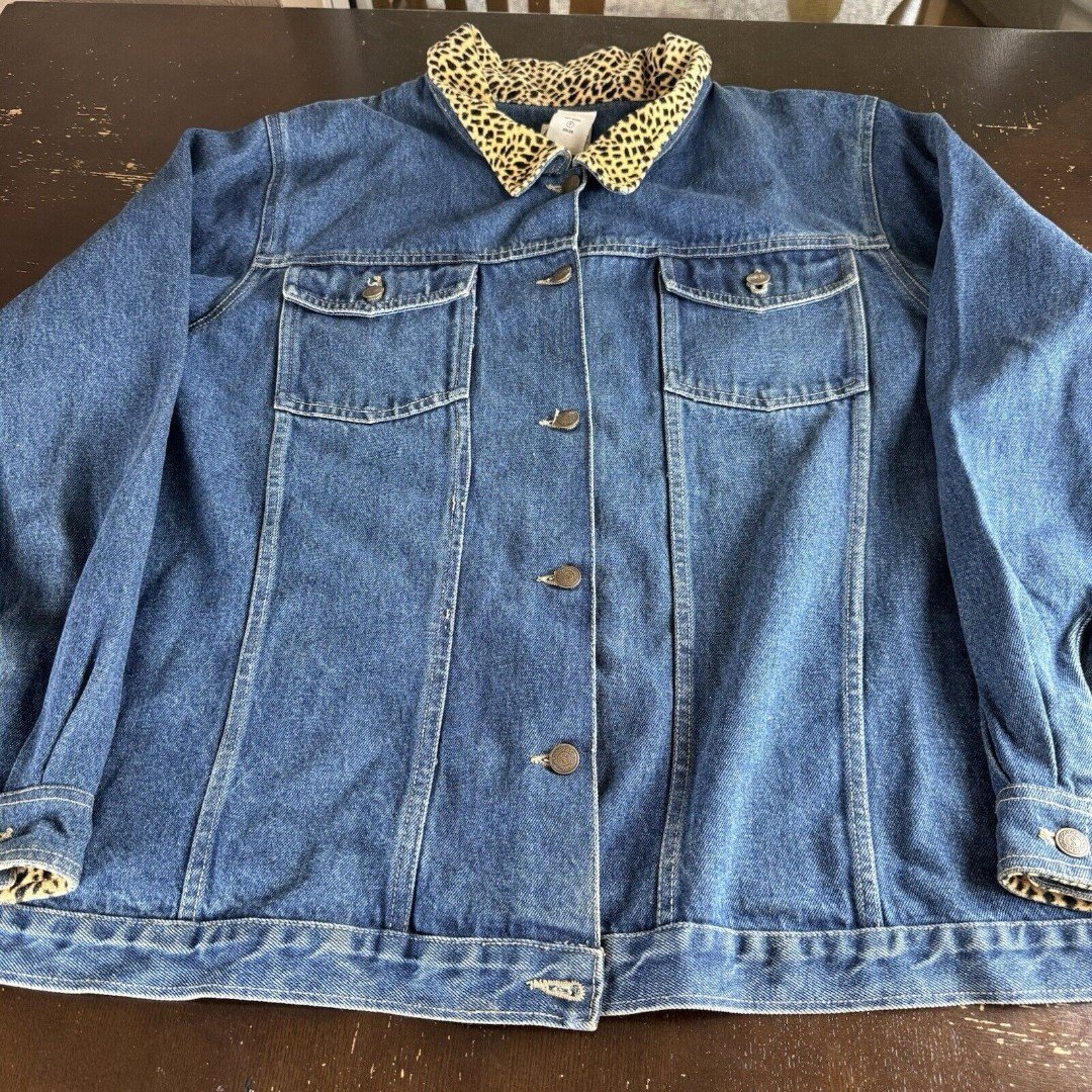 Roaman’s Womens 3X Jean Jacket Cotton Denim Leopard Satin & Velvet Trim Pockets