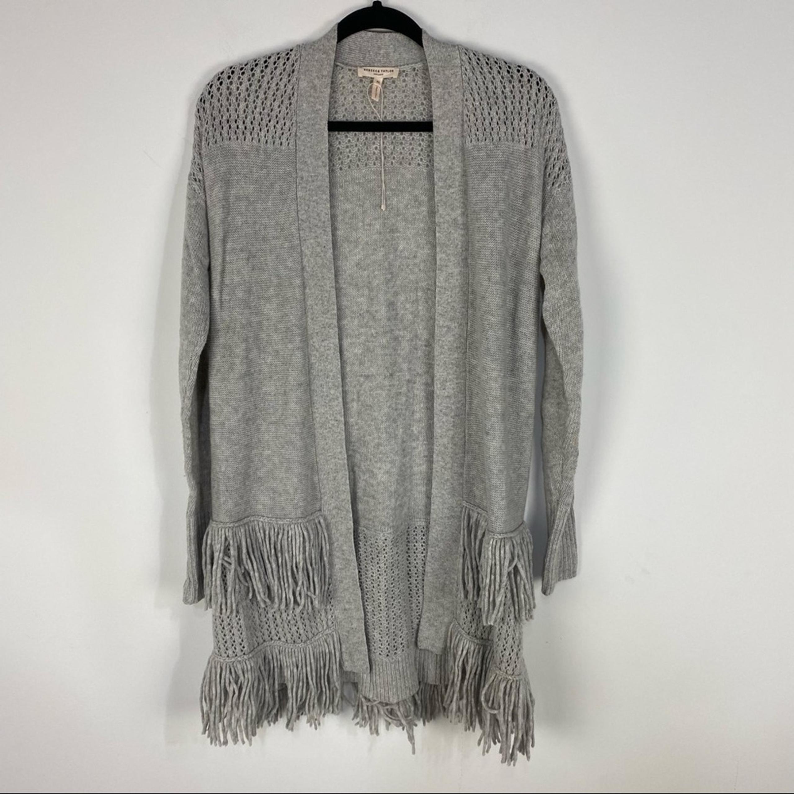 Rebecca Taylor Cashmere Blend Fringe Open Front Gray Grey Cardigan Minimalist