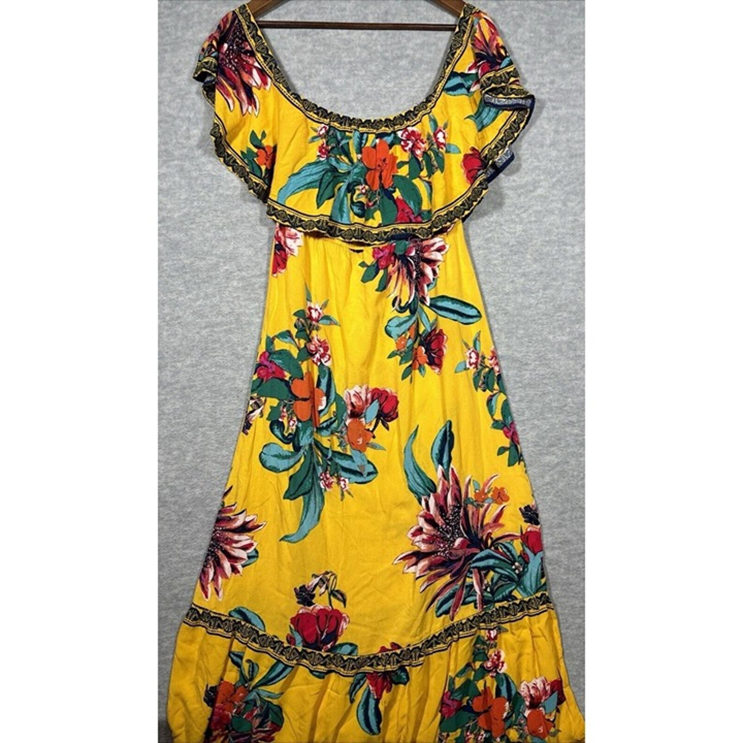 Flying Tomato Womens Dress Sz S Maxi Yellow Floral Tropical Dancing Peasant