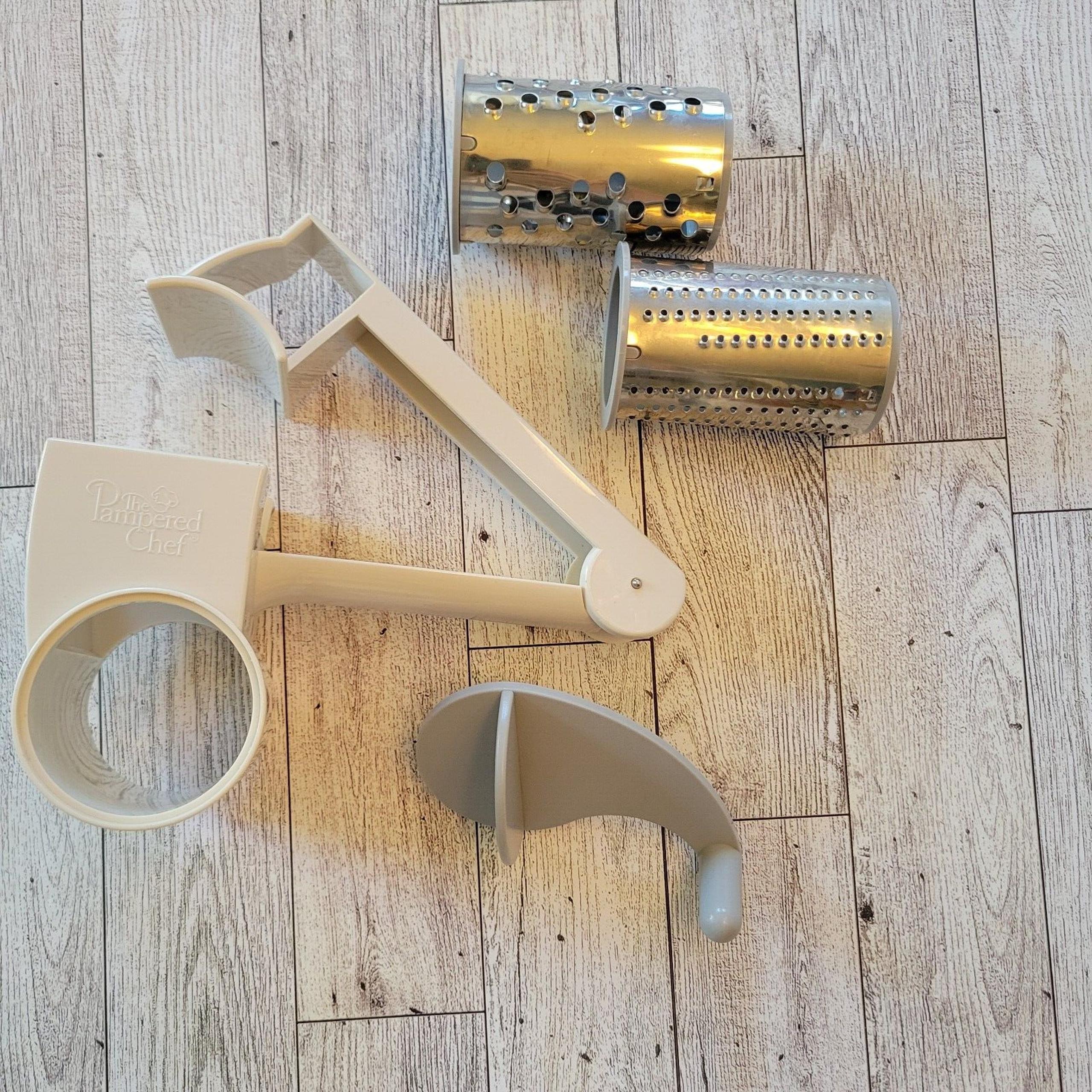 The Pampered Chef Deluxe Cheese Grater Handheld Crank Manual Two Barrels