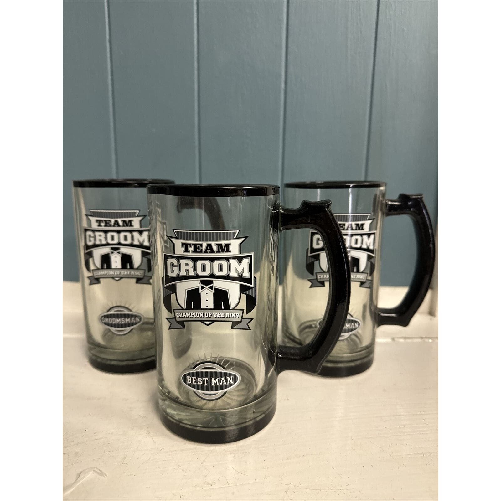 3 pc Team Groom handled clear glass tankard set Best Man Groomsman Beer mugs