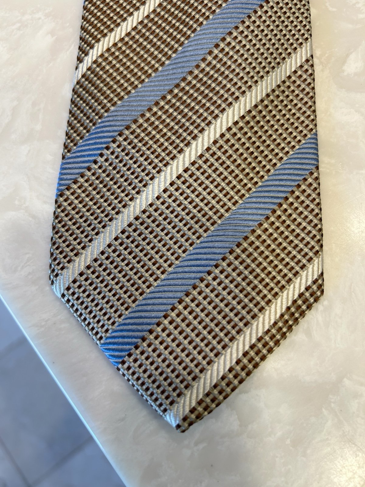 Brioni Men's Brown and Blue Striped Tie, Silk, Made in Italy, 3.25” X 60” long