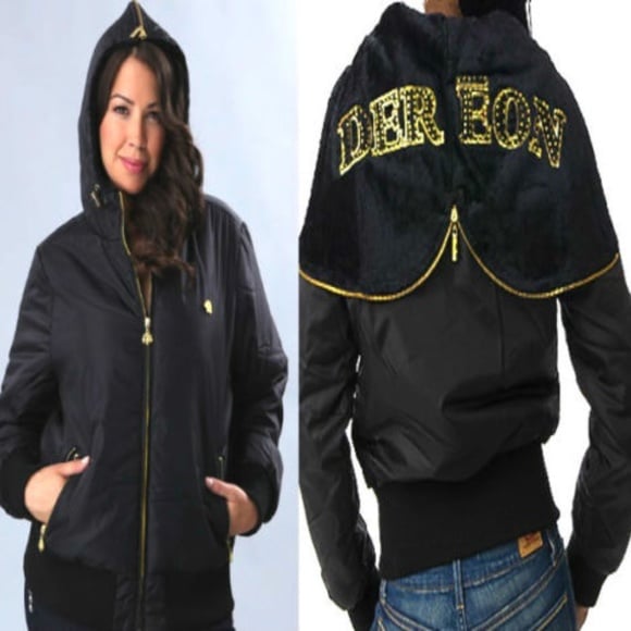 NEW Black Dereon Y2K Rhinestone Nylon Fur Hood Puffer Jacket Coat M Medium