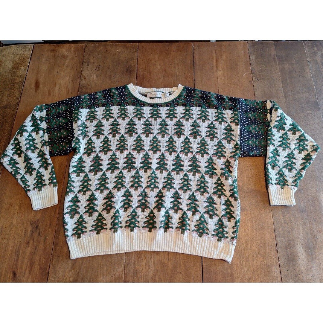 VTG Knit Sweater Crossings Christmas Tree Holiday Retro Crew Neck USA Men's XL