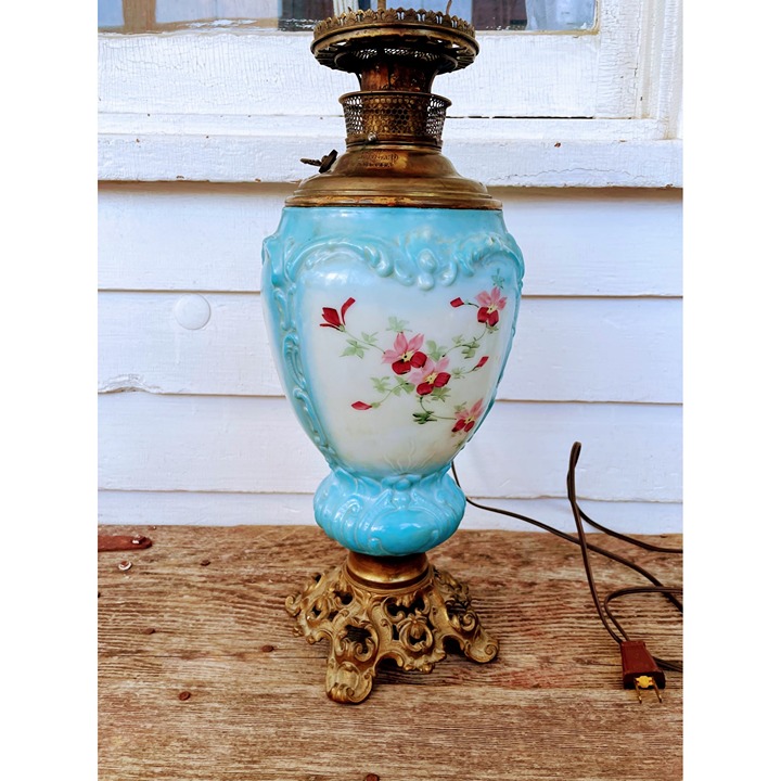 Antique Electrified Oil Lamp Base Hand painted Floral Porcelain Miller