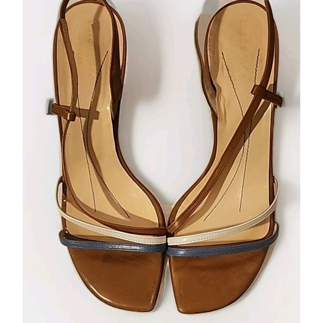 Kate Spade Leather Slingback Sandal Heels Made In Italy Brown White Blue Sz 8 B