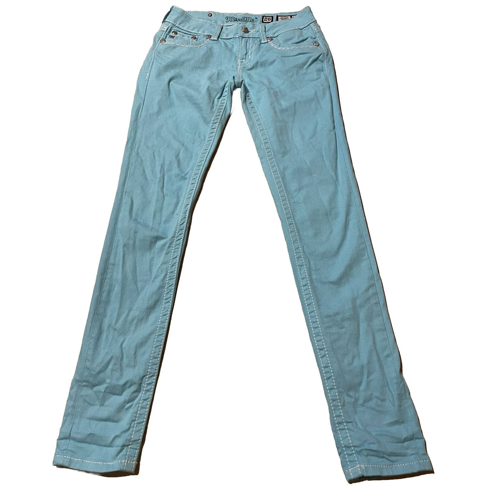 Miss Me Skinny Fit Jeans Embroidered Embellished Aqua Denim Women's 26