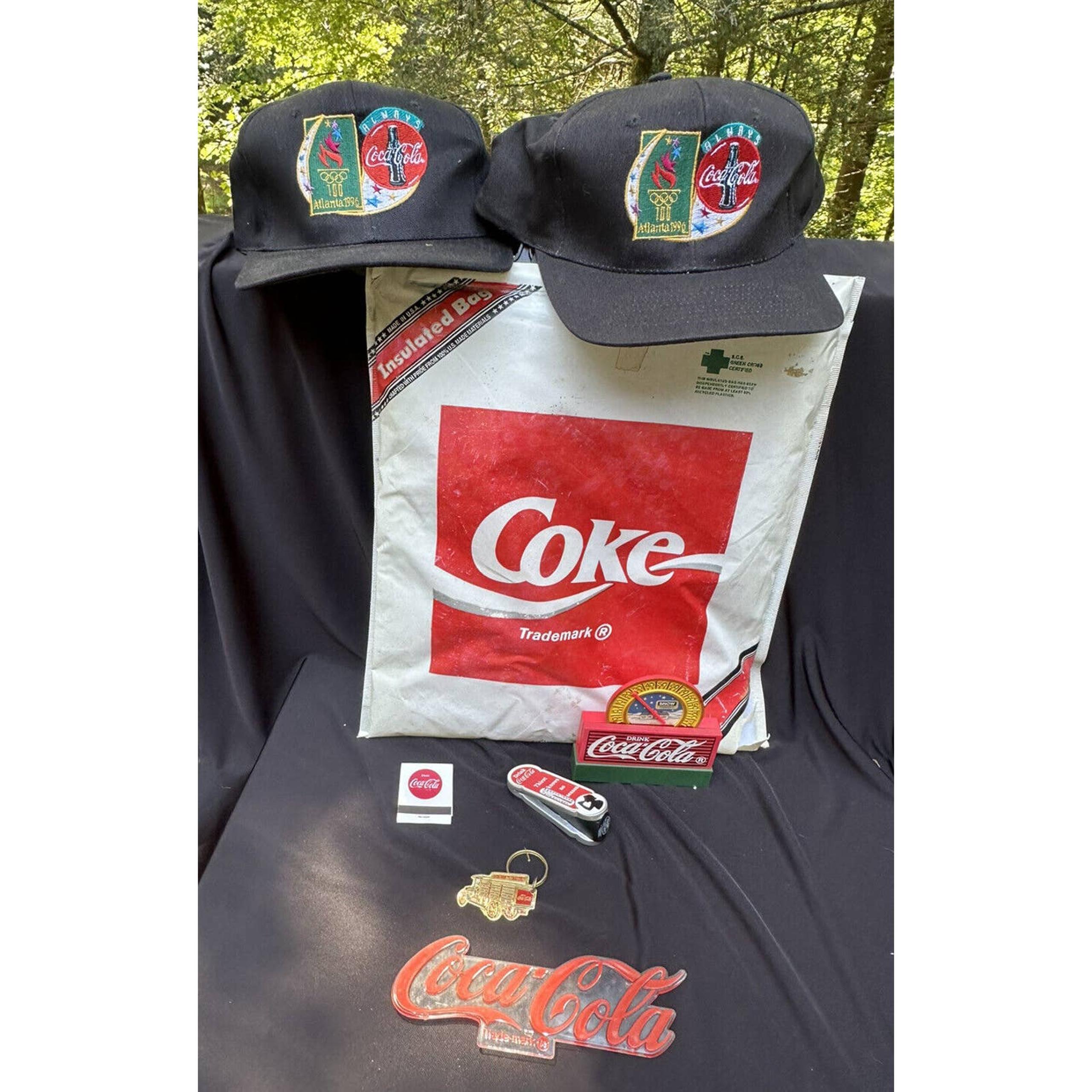 Vintage COKE Coca-Cola Lot Hats Pin Key Chain & Cooler Bag 1990 S20