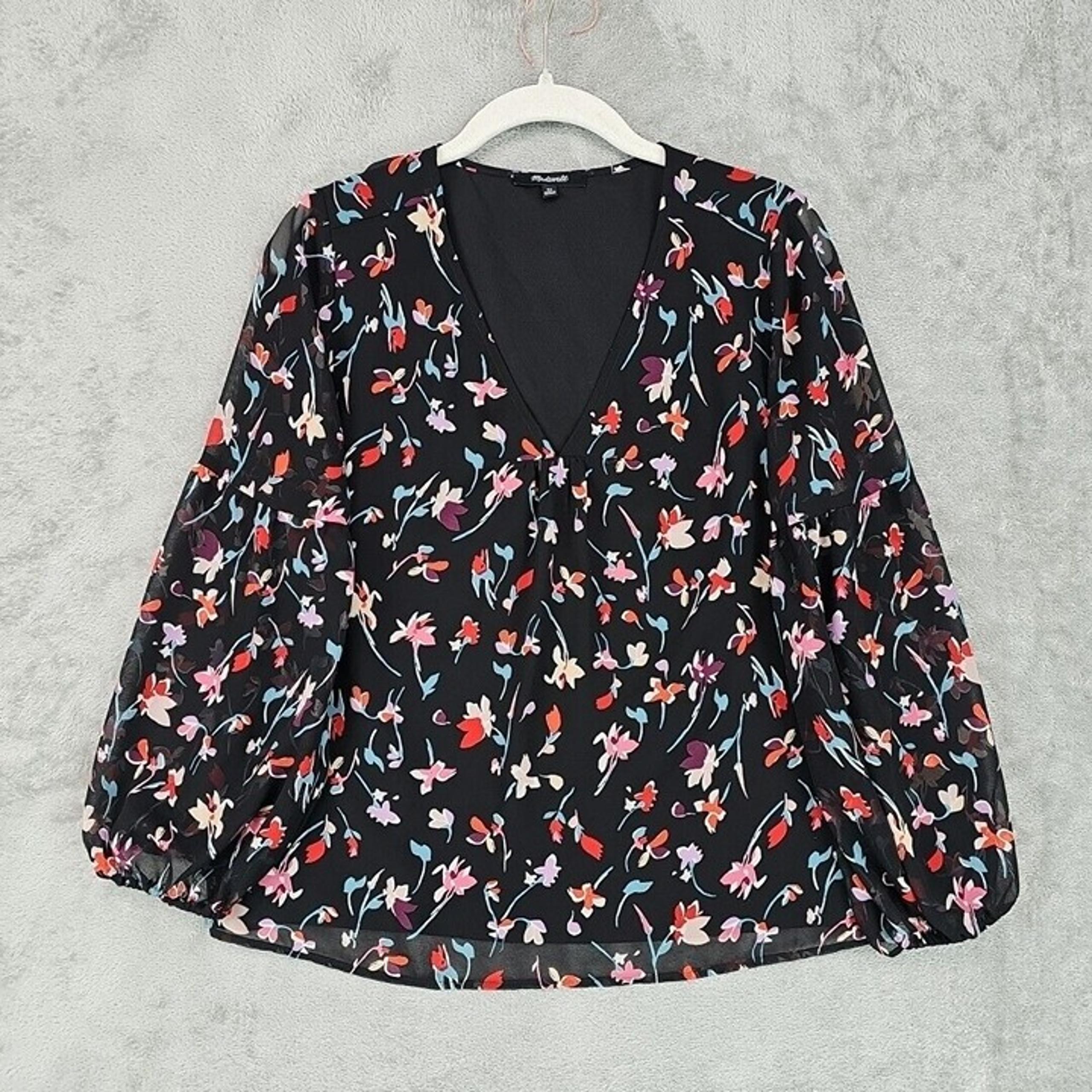 Madewell Top Womens Size XS Black Floral Chiffon Peasant Layered V-Neck Elegant