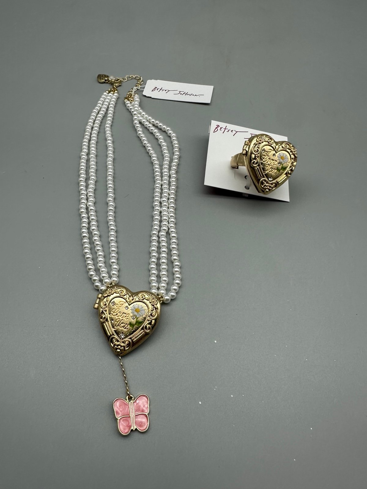 Betsey Johnson Heart Locket Necklace and Ring Set