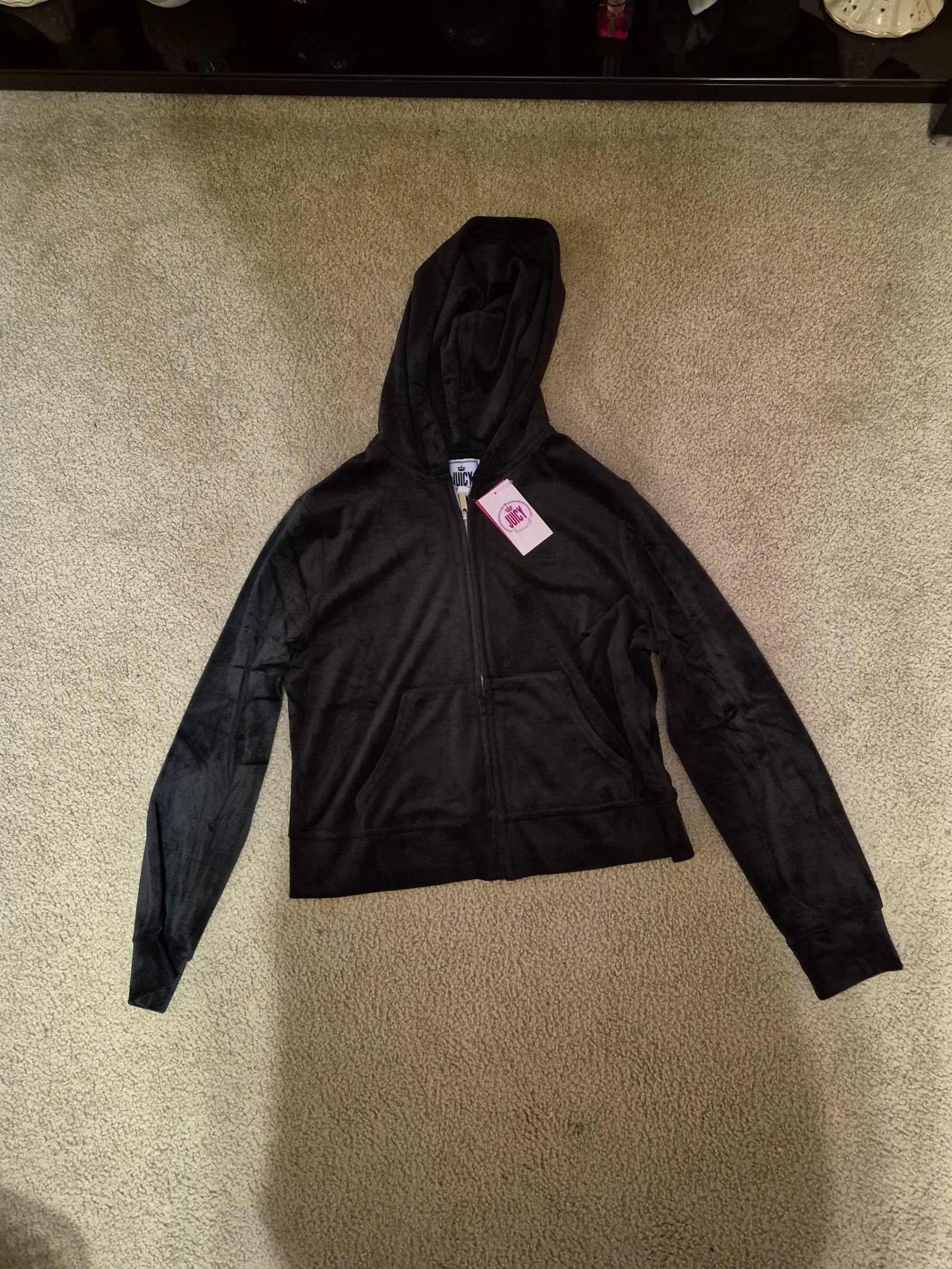 JUICY COUTURE BLACK VELOUR HOODIE TRACK JACKET SIZE LARGE