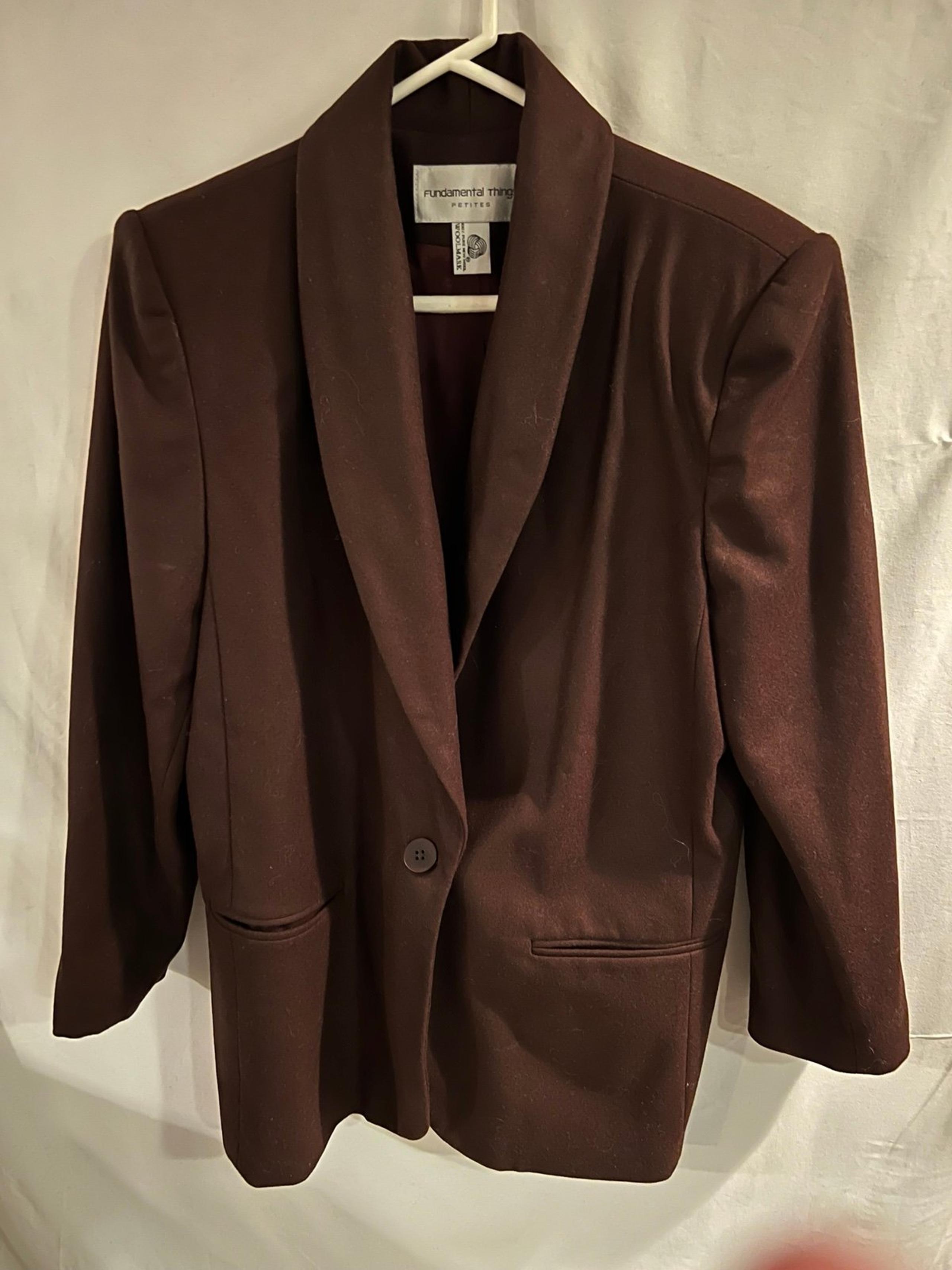 Ladies Size 12 petite Fundamental Things 100% pure wool brown 1 button blazer