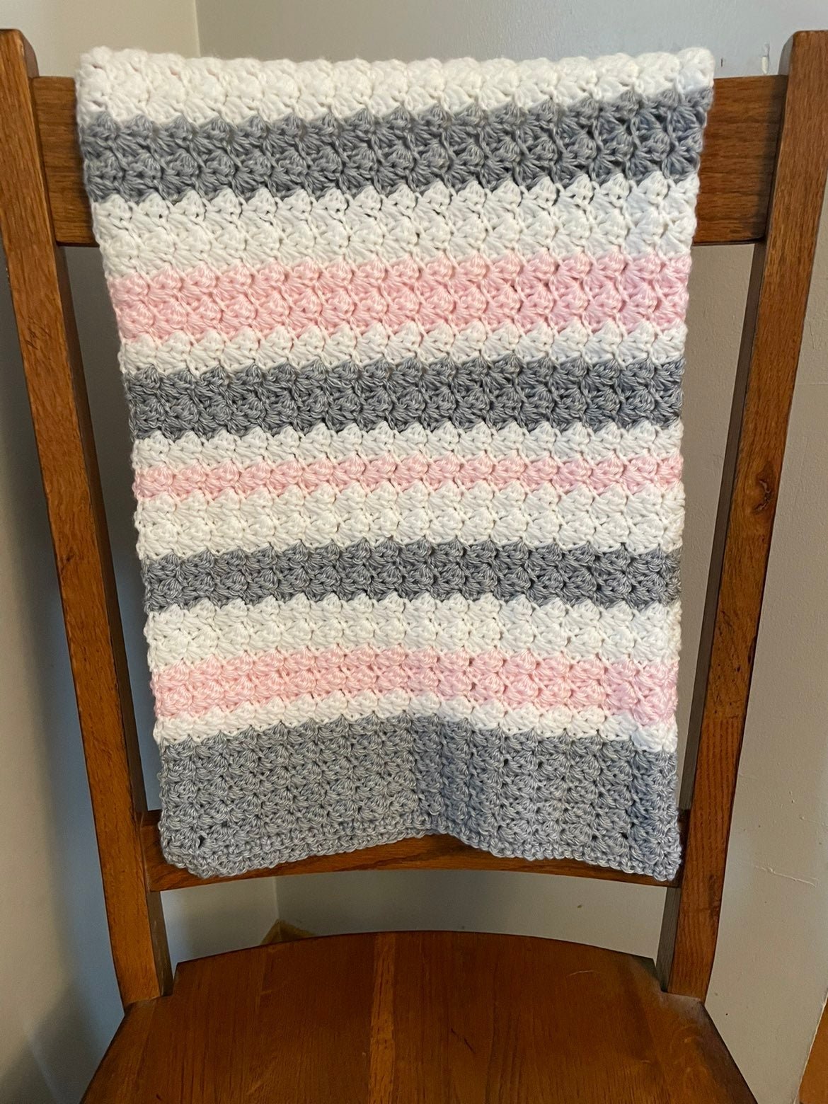 Handmade Crochet pink and grey striped Baby Blanket