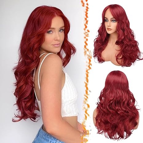 Human hair blend purpleLong Red Wig with Curtain Bangs - 26 Inch Long Wavy Layer