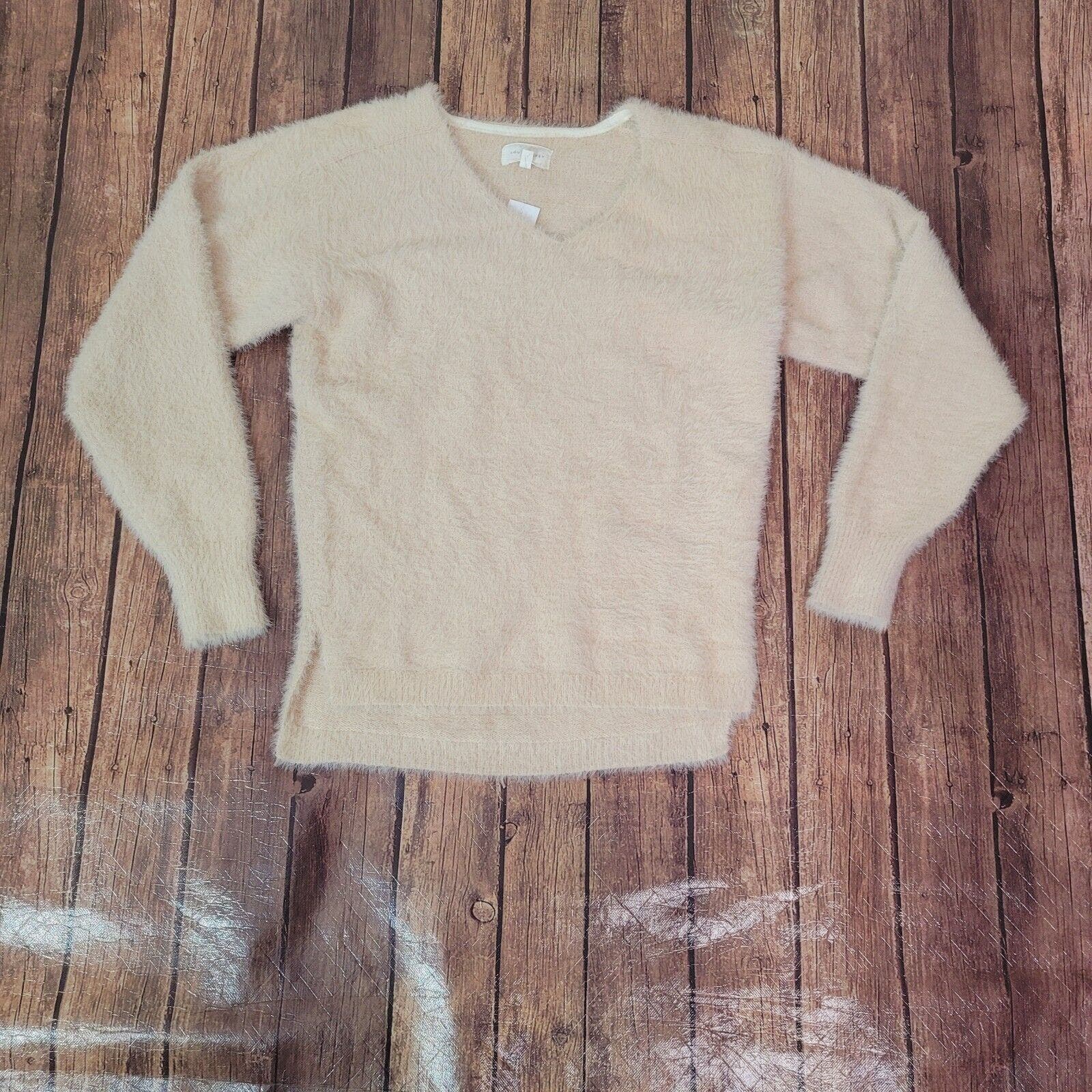 Lou & Grey Womens Sweater Blue Beige XS Soft Fuzzy V-Neck Long Sleeve