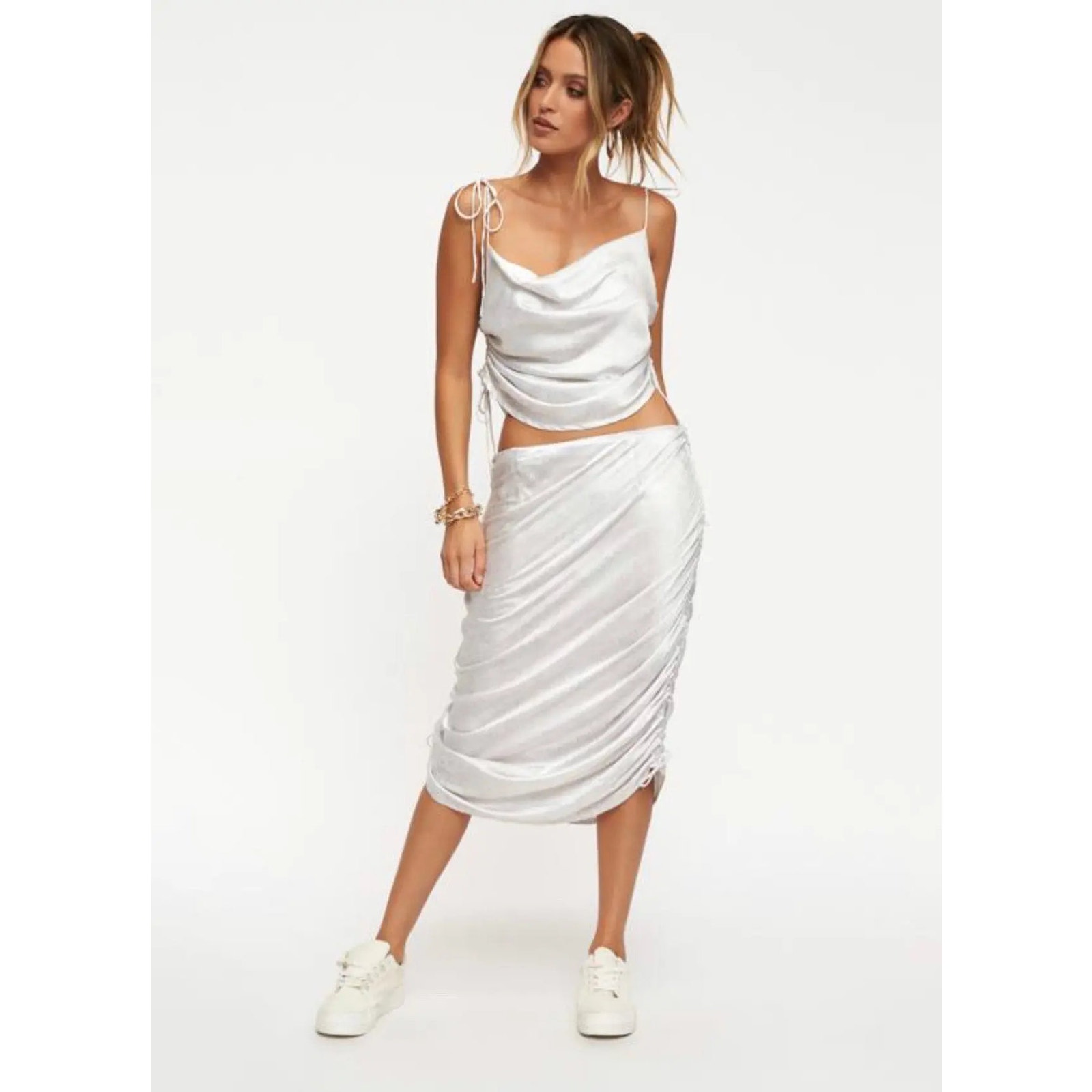 NWT Lioness String Along Skirt Ecru Satin Adjustable Ruched Sides Mini to Long 4