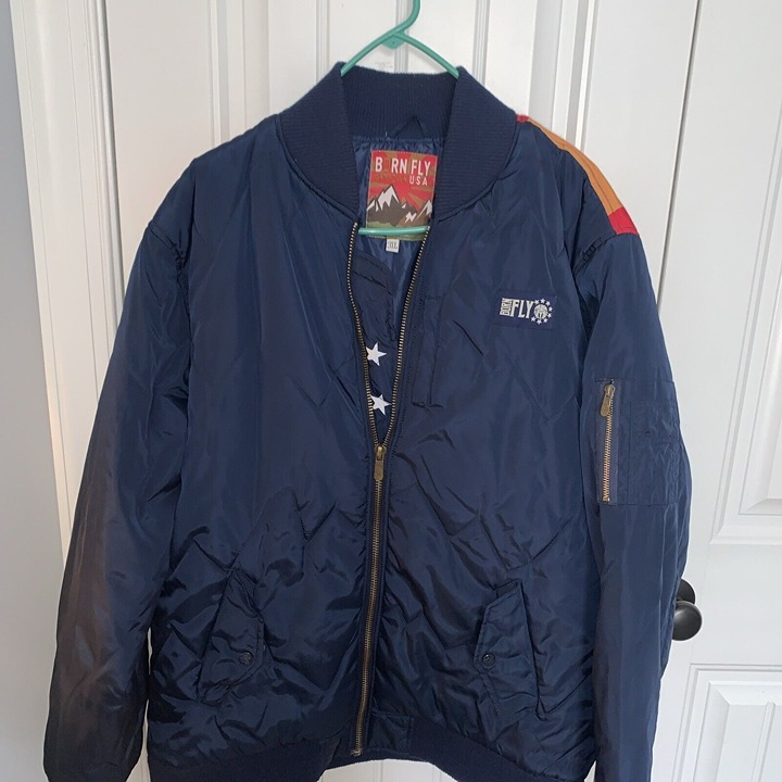 Born Fly Anytown USA Quilted Bomber Style Jacket Full Zip Navy Blue Gold 3XL