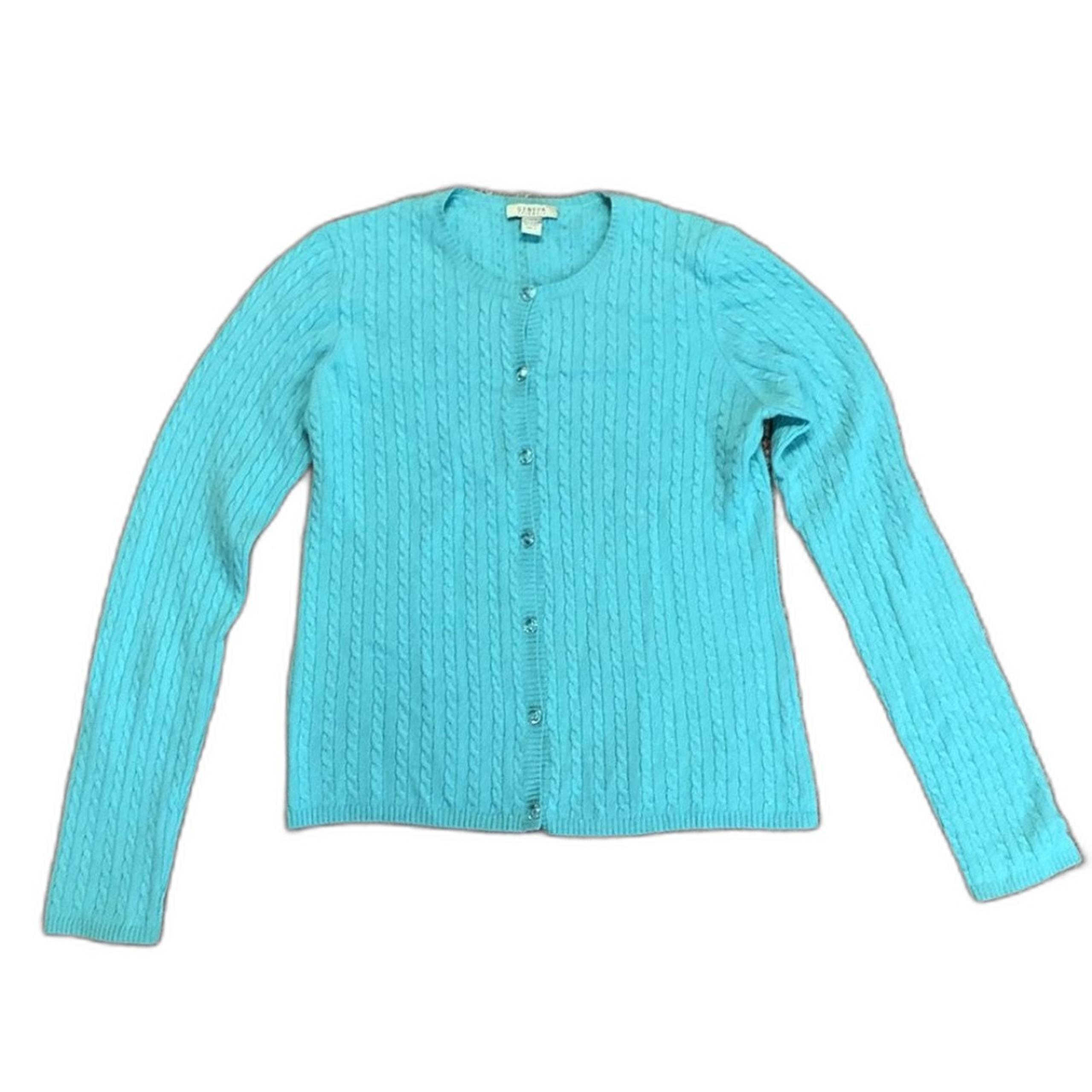 Geneva Deep Aqua Blue Cashmere Small Cable Knit Cardigan Sweater Size M