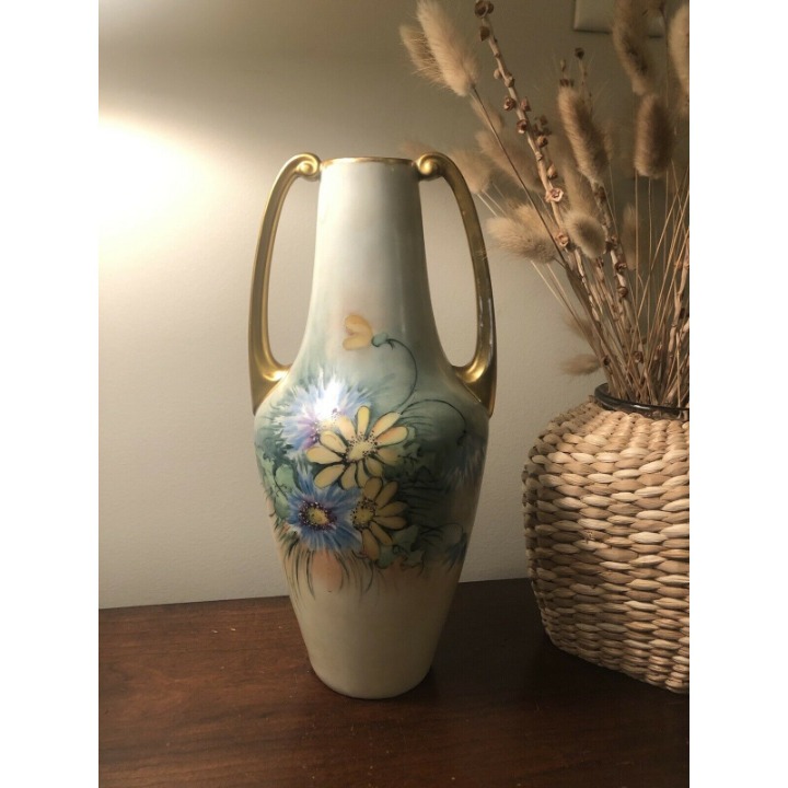 Vtg Heinrich & Co. Hand Painted Flower Vase 1920s Selb Bavaria Artist Signed 12