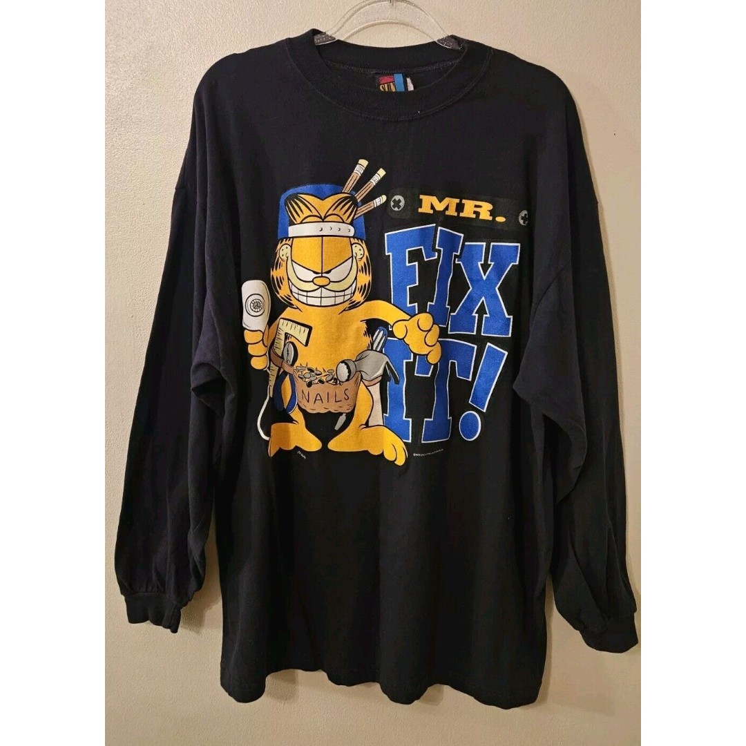 Vtg Garfield Mr Fix It Mens Size 2XL T-Shirt Long Sleeve 1978 Green Jim Davis