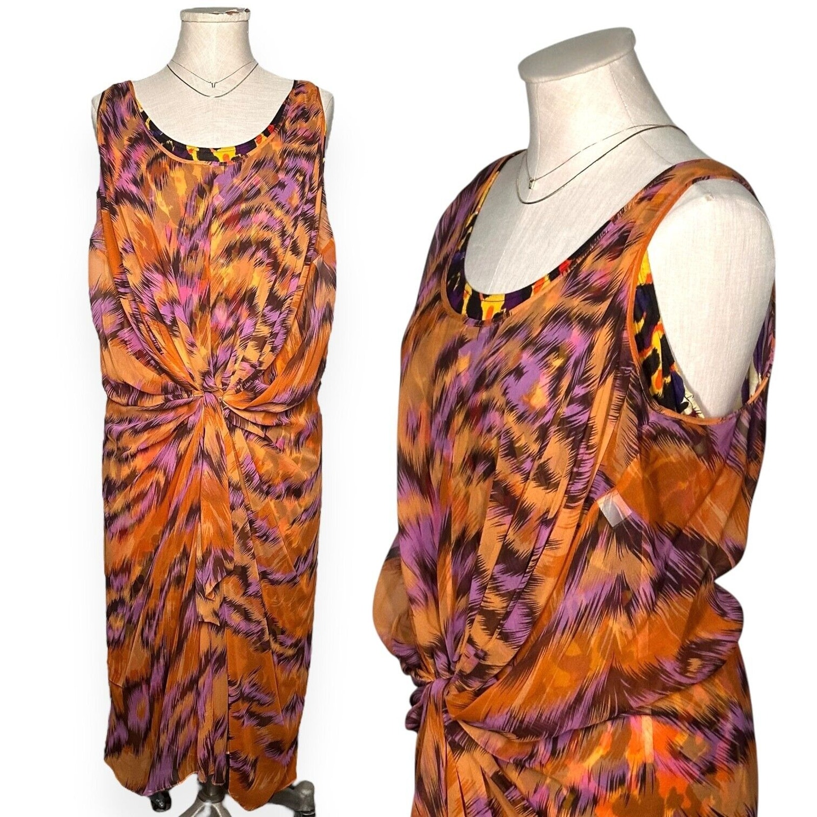 DIANE VON FURSTENBERG 100%Silk Animal Print Midi Sheath Dress Sleeveless Chic L